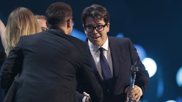 LONDON, ENGLAND - SEPTEMBER 10: (EXCLUSIVE COVERAGE) Michael McIntyre accepts 'The Bruce Forsyth Entertainment Award' for 'Michael McIntyre's Big Show' onstage during the NTA's 2025 at The O2 Arena on September 10, 2025 in London, England. (Photo by John Phillips/Getty Images for the NTA's)