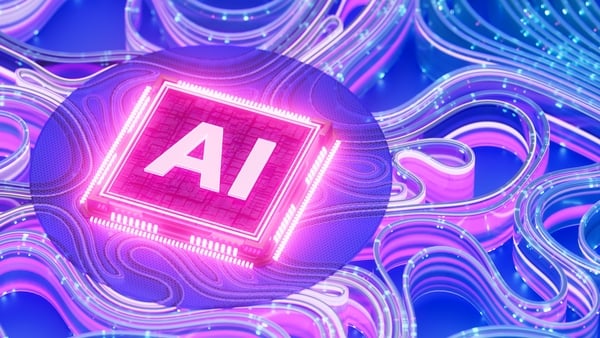 Digitally generated image of purple glowing futuristic semiconductor, digital data flowing and network structure with the letter AI