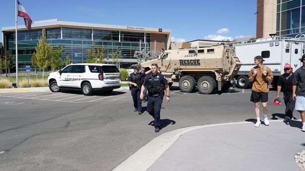First responders are pictured at Utah Valley University where political activist Charlie Kirk was shot during an event 