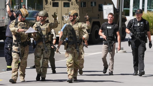 Law enforcement responders are pictured at Utah Valley University where political activist Charlie Kirk was shot during an event 