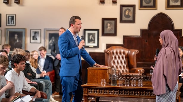 Activist Charlie Kirk debates with college students at The Cambridge Union in the USA on May 19, 2025