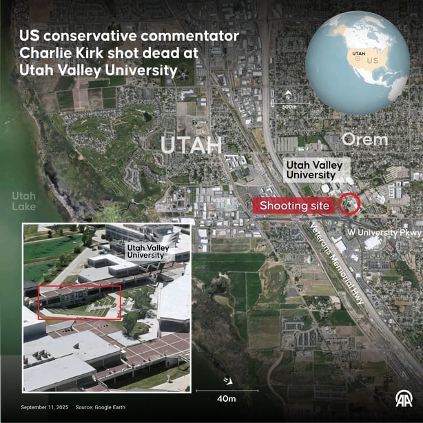 An infographic titled "US conservative commentator Charlie Kirk shot dead at Utah Valley University"