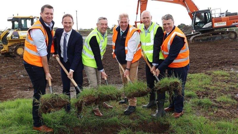 Tom O'Brien, Group CEO of Nephin Energy (left) with Minister Alan Dillon; Donal Murphy, CEO of DCC, Graeme Lochhead, MD of Nephin Renewable Gas, John Rooney, MD of Flogas Ireland and Canadian Ambassador to Ireland Dennis King (right) at the sod-turning