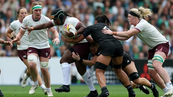BRIGHTON, ENGLAND - SEPTEMBER 07: Linda Djougang of Ireland attempts to escape the tackle from Layla Sae of New Zealand during the Women's Rugby World Cup 2025 Pool C match between New Zealand and Ireland at Brighton & Hove Albion Stadium on September 07,