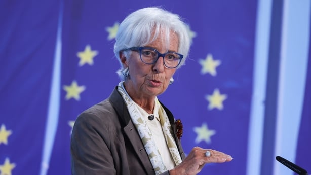 A lady with white hair at a podium with the European Union flag behind her