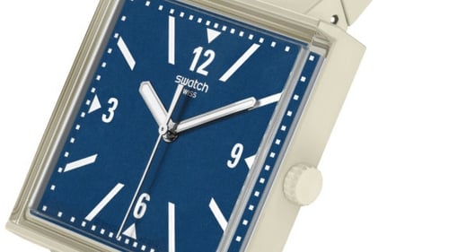 Swatch has launched a new watch model that reverses the position of 3 and 9 on the dial, a reference to the tariff rate Trump has imposed since August 1 (Pic: Swatch)