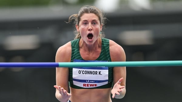 23 July 2025; Kate O'Connor, from Dundalk in Louth, representing Ulster University and Ireland, reacts during the women's heptathlon high jump on day seven of the FISU World University Games 2025 at Lohrheidestadion in Bochum, Germany. Photo by Shauna Cli
