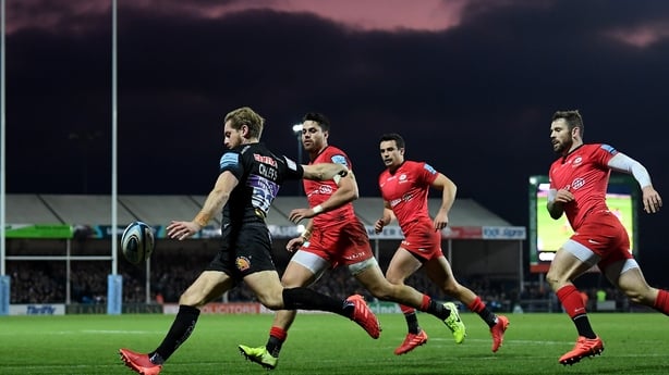 EXETER, ENGLAND - DECEMBER 29: Gareth Steenson of Exeter Chiefs clears the ball during the Gallagher Premiership Rugby match between Exeter Chiefs and Saracens at Sandy Park Stadium on December 29, 2019 in Exeter, England. (Photo by Alex Davidson/Getty Images)
