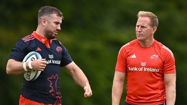20 August 2025; Attack coach Mike Prendergast, right, and JJ Hanrahan during a Munster Rugby open training session at Rockwell College in Rockwell, Tipperary. Photo by Piaras Ó Mídheach/Sportsfile