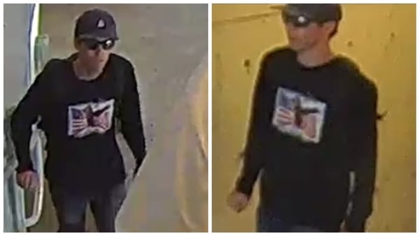 Two images show a man in dark clothes, dark glasses and a baseball cap