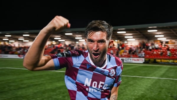 16 August 2025; Luke Heeney of Drogheda United celebrates after the Sports Direct Men’s FAI Cup third round match between Derry City and Drogheda United at The Ryan McBride Brandywell Stadium in Derry. Photo by Stephen McCarthy/Sportsfile