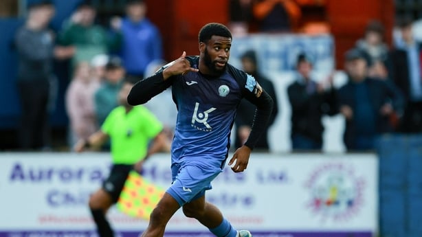 29 August 2025; Hans Kamta Mpongo of Finn Harps celebrates after scoring his side's first goal during the SSE Airtricity Men's First Division match between Finn Harps and Treaty United at Finn Park in Ballybofey, Donegal. Photo by Thomas Flinkow/Sportsfile