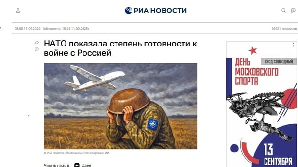 A picture of a RIA Novosti article on a drone incursion in Poland