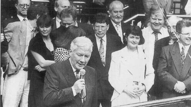 Black and white photograph of broadcaster Gay Byrne in Tullamore