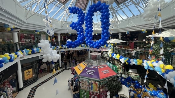 Balloons hang over a shopping centre in Tullamore