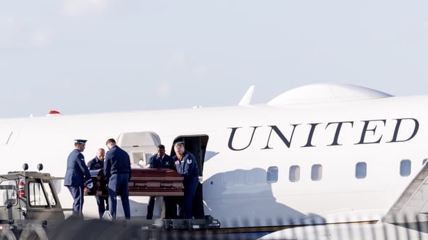 The casket containing the body of Charlie Kirk is removed from Air Force Two at Phoenix Sky Harbor International Airport on September 11, 2025 in Phoenix, Arizona. Kirk, the CEO and co-founder of Turning Point USA, was shot and killed on Wednesday in Utah. (Photo by Eric Thayer/Getty Images)