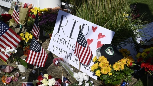 A memorial to Charlie Kirk outside of Timpanogos Regional Hospital