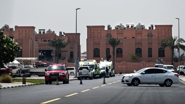 A picture taken from a distance shows the damaged building in the compound housing members of Palestinian militant group Hamas's political bureau which was targeted by an Israeli strike in Qatar's capital Doha