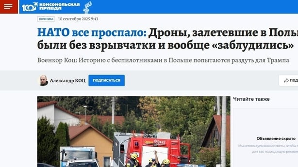 Russian news site Komsomolskaya Pravda claims in Russian that 'NATO slept through everything' over the drone incursion into Poland