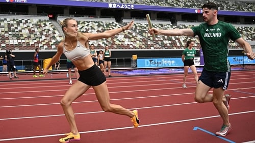 Sharlene Mawdsley and Cillin Greene practice their relay handovers during practice in Tokyo on Friday