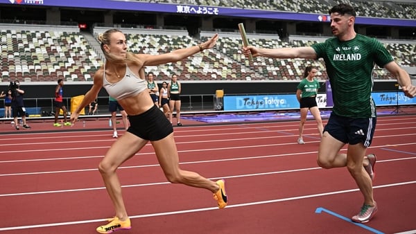 12 September 2025; Sharlene Mawdsley of Ireland, left, and teammate Cillin Greene during the official open training session ahead of the World Athletics Championships Tokyo 2025 at Japan National Stadium in Tokyo, Japan. Photo by Sam Barnes/Sportsfile