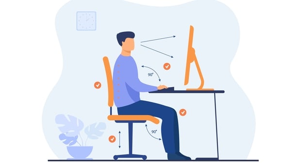 Instruction for correct pose during office work flat vector illustration. Cartoon worker sitting at desk with right posture for healthy back and looking at computer. Health and ergonomics concept
