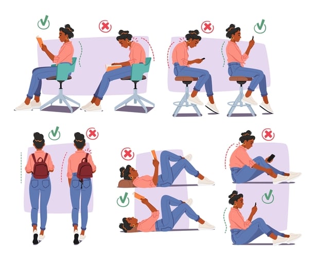 Woman Perform Wrong And Right Body Postures For Reading, Using Smartphone And Carrying Rucksack. Black Young Female Character Promoting Prevention Health Issues. Cartoon People Vector Illustration