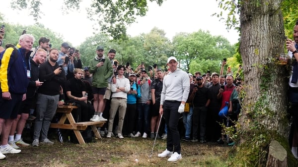 Rory McIlroy after taking a drop shot on the 17th during day two of the 2025 BMW PGA Championship