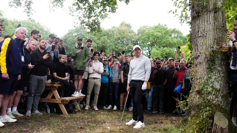Rory McIlroy after taking a drop shot on the 17th during day two