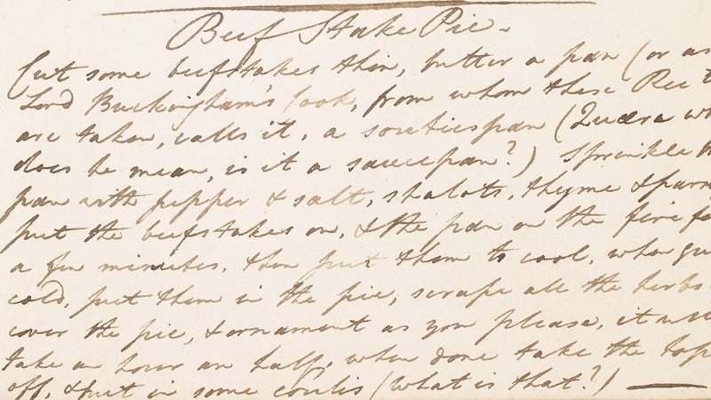 A recipe for beefsteak pie, one of the many recipes in the manuscripts. Photo: National Library of Ireland