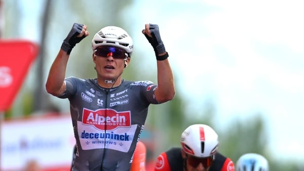 Jasper Philipsen of Belgium and Team Alpecin - Deceuninck celebrates at finish line as stage winner during the La Vuelta - 80th Tour of Spain 2025, Stage 19 a 161.9km stage from Rueda to Guijuelo / #UCIWT / on September 12, 2025 in Guijuelo, Spain.