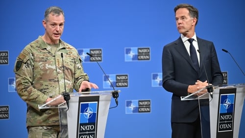 NATO Secretary General, Mark Rutte (R) NATO Supreme Allied Commander Europe Alexus Grynkewich speak this afternoon in Brussels