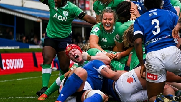 31 March 2024; Ireland players including Aoife Wafer and Fiona Tuite celebrate their side's second try during the Women's Six Nations Rugby Championship match between Ireland and Italy at the RDS Arena in Dublin. Photo by Harry Murphy/Sportsfile