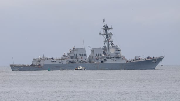 PANAMA CITY, PANAMA - SEPTEMBER 02: The USS Sampson (DDG 102), a U.S. Navy missile destroyer, docks at the Amador International Cruise Terminal in Panama City, Panama, on September 02, 2025. The deployment comes amid a broader U.S. naval presence in Latin American and Caribbean waters following Pres