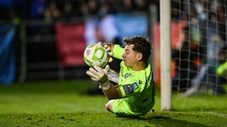 Shamrock Rovers goalkeeper Ed McGinty saves a penalty from Conor Keeley of Drogheda United, not pictured, in the penalty shootout of the Sports Direct Men’s FAI Cup quarter-final match between Drogheda United and Shamrock Rovers at Sullivan & Lambe Park i