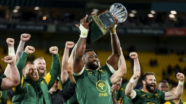 Siya Kolisi of South Africa celebrates with the Freedom Cup