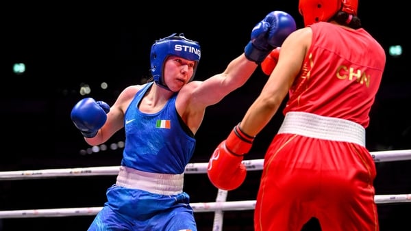 13 September 2025; Aoife O'Rourke of Ireland, left, in action against Lina Wang of China, during their Women's 75kg semi-final bout during the World Boxing Championships 2025 at M&S Bank Arena in Liverpool, England. Photo by Ben McShane/Sportsfile
