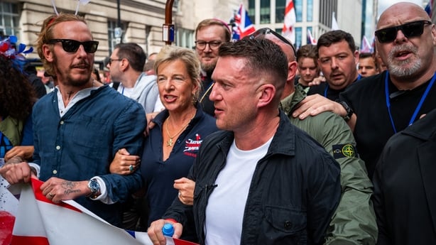 LONDON, ENGLAND - SEPTEMBER 13: Laurence Fox (L), Kate Hopkins (C) and Tommy Robinson (R) attend the Unite The Kingdom rally on September 13, 2025 in London, England. Far-right activist Tommy Robinson (also known as Stephen Yaxley-Lennon) has invited supporters to hold a rally in central London enti