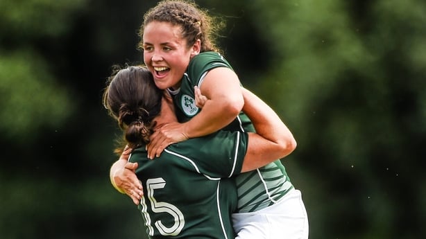 9 August 2014; Ireland's Larissa Muldoon, right, and Jackie Shiels celebrate at the final whistle after victory over Kazakhstan. 2014 Women's Rugby World Cup Final, Pool B, Ireland v Kazakhstan, Marcoussis, Paris, France. Picture credit: Diarmuid Greene / SPORTSFILE