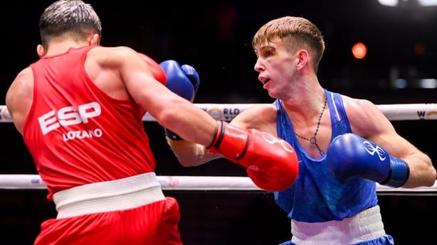 13 September 2025; Patsy Joyce of Ireland, right, in action against Rafael Lozano Serrano of Spain during their Men's 55kg semi-final bout during the World Boxing Championships 2025 at M&S Bank Arena in Liverpool, England. Photo by Ben McShane/Sportsfile
