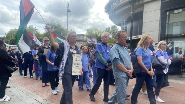 Healthcare workers hold a protest at Stephen's Green in solidarity with colleagues in Gaza