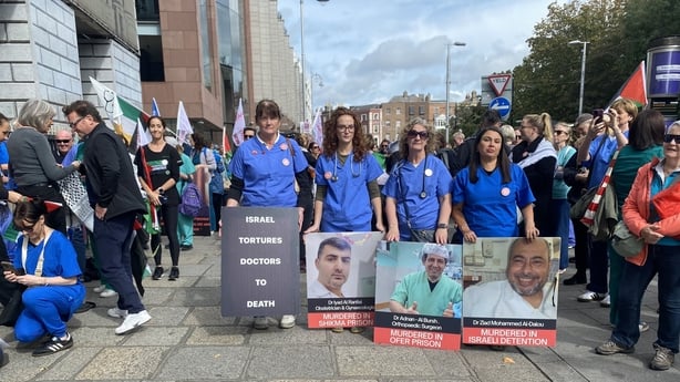 Healthcare workers hold a protest at Stephen's Green in solidarity with colleagues in Gaza