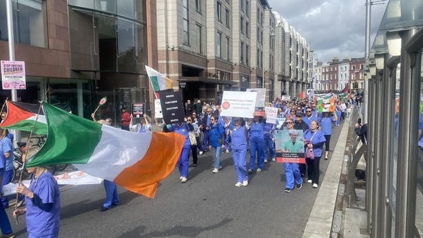 Healthcare workers hold a protest at Stephen's Green in solidarity with colleagues in Gaza