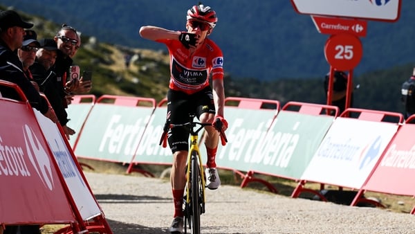Jonas Vingegaard of Denmark and Team Visma | Lease a Bike - Red Leader Jersey celebrates at finish line as stage winner during the La Vuelta - 80th Tour of Spain 2025, Stage 20 a 164.8km stage from Robledo de Chavela to Bola del Mundo. Puerto de Navacerra
