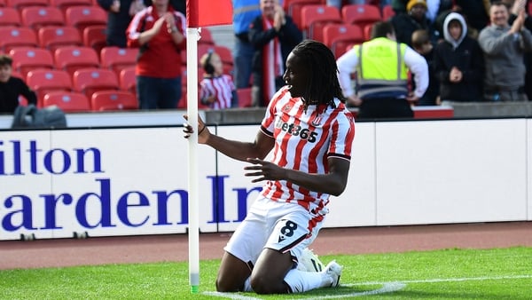 Bosun Lawal of Stoke City celebrates scoring a goal to make the score 1-0 during the Sky Bet Championship match between Stoke City and Birmingham City at Bet365 Stadium on September 13, 2025 in Stoke on Trent, England.