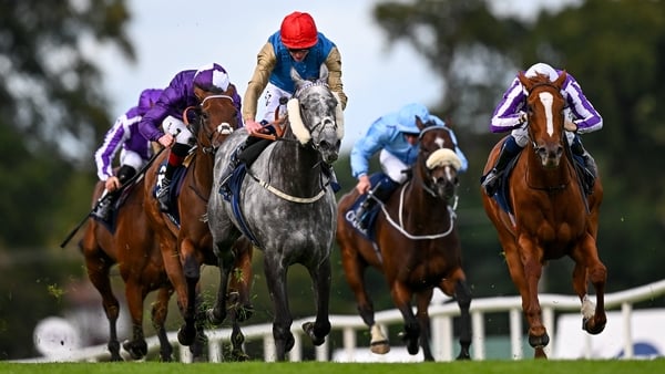 13 September 2025; Fallen Angel, red cap, with James Doyle up, on their way to winning the Coolmore America 'Justify' Matron Stakes during day one of the Irish Champions Festival at Leopardstown Racecourse in Dublin. Photo by Seb Daly/Sportsfile