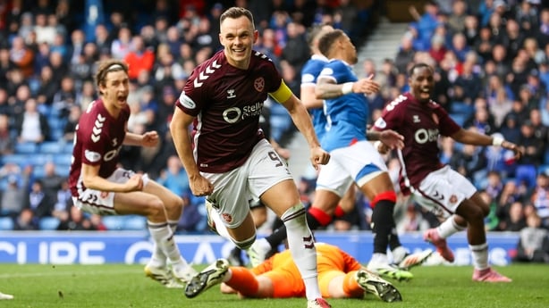 Hearts' Lawrence Shankland celebrates as he scores to make it 2-0 during a William Hill Premiership match between Rangers and Heart of Midlothian at Ibrox Stadium, on September 13, 2025, in Glasgow, Scotland.