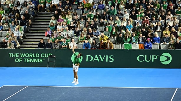 Peter Buldorini of Ireland reacts during the singles match against Yunchaokete Bu of China PR on day one of the Davis Cup World Group II match between Ireland and China PR at the Sport Ireland National Indoor Arena in Dublin.