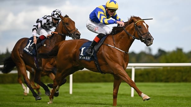 Dublin , Ireland - 13 September 2025; Rahmi, with Rory Mulligan up, on their way to winning the Irish Stallion Farms EBF Sovereign Path Handicap during day one of the Irish Champions Festival at Leopardstown Racecourse in Dublin. (Photo By Seb Daly/Sportsfile via Getty Images)