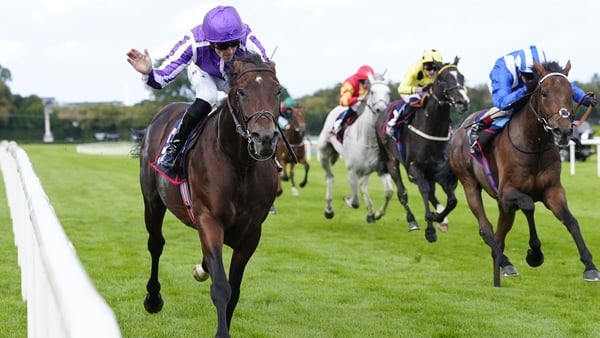DUBLIN, IRELAND - SEPTEMBER 13: Christophe Soumillon riding Delacroix (L) win The Royal Bahrain Irish Champion Stakes at Leopardstown Racecourse on September 13, 2025 in Dublin, Ireland. (Photo by Alan Crowhurst/Getty Images)